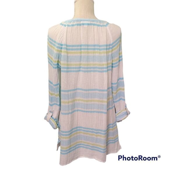 J.Jill small white blue stripe oversized cotton summer tie tassel neck tunic top - Picture 5 of 7